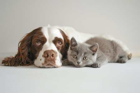 A brown and white spaniel lies comfortably with a gray kitten beside it, both enjoying a peaceful moment in a softly lit minimalist room.の素材