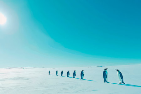 A line of penguins elegantly strolls over the pristine white ice of Antarctica, with the sun shining brightly against a clear blue backdrop, creating a serene atmosphere.の素材
