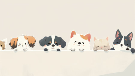 A delightful collection of minimalist pets, including a cat and various dog breeds, curiously looking over a ledge with playful expressions in gentle pastel tones.の素材