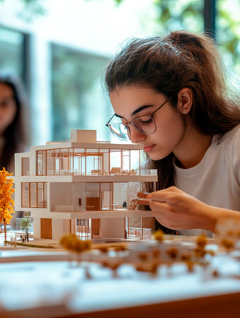 A group of undergraduate architecture students works diligently on a detailed building model in their university studio, demonstrating creativity and teamwork.の素材