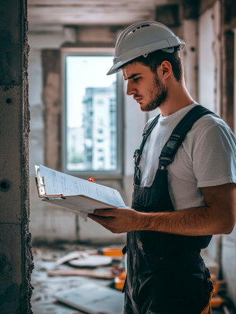 A young male contractor stands in a construction site, concentrating on the blueprints in hand. He is dressed in work overalls and a safety helmet, with a partially finished structure behind him.の素材