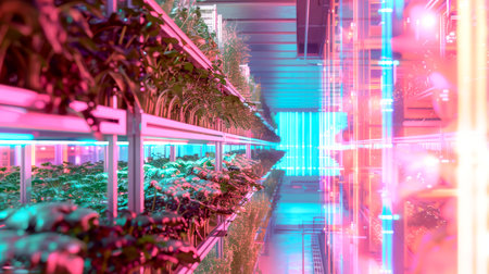 A lively vertical farm features lush greenery under bright, colorful lighting, enhancing the atmosphere.の素材