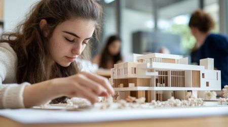 A focused architecture student works meticulously on a detailed model of a building, surrounded by classmates in a collaborative studio space, late in the day.の素材