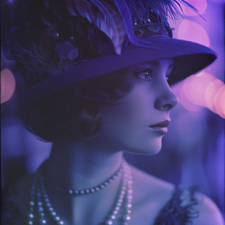 A woman in 1920s fashion captivates with her cloche hat and pearls, set against a moody jazz club backdrop of blues and purples.の素材