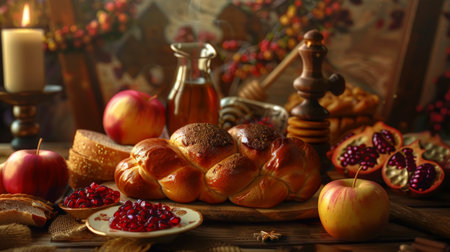 Traditional Rosh Hashanah foods including honey, pomegranates, round challah bread, and apples beautifully arranged in a cozy setting.の素材