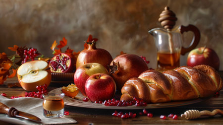 A vibrant display of Rosh Hashanah foods including honey, apples, pomegranates, and challah on a warmly lit table with festive decor.の素材