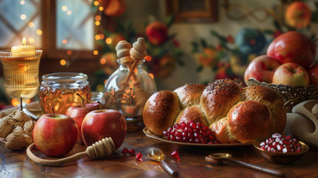 A beautifully arranged table showcases traditional Rosh Hashanah foods like honey, apples, pomegranates, and round challah, radiating warmth.の素材