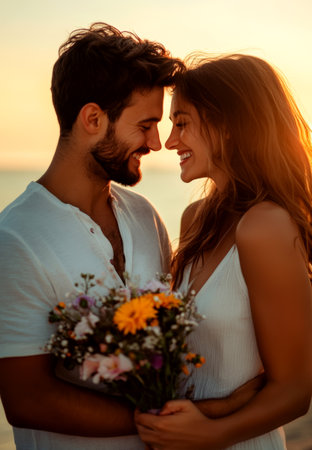 A happy young couple holding flowers and smiling at each other, enjoying a serene beach sunrise on a summer day by the sea.の素材