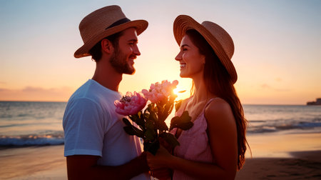 Young couple in love smiles at each other while holding flowers during a beautiful sunrise over the seaside, capturing a perfect summer moment.の素材