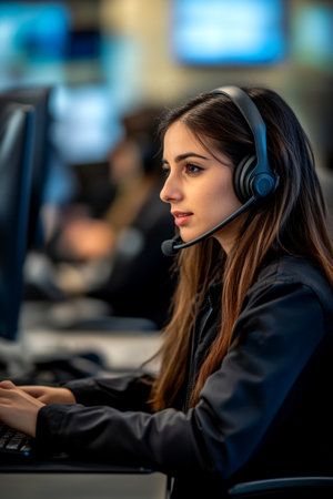 Young female dispatcher engages in customer support while using a headset and computer in a vibrant call center atmosphere.の素材