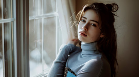 A girl sits by a window, her calm expression and melancholic gaze captured in soft natural light, highlighting her unique style.の素材