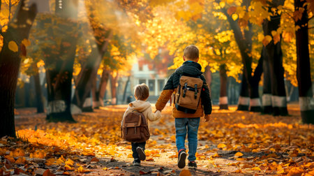 A young child walks to school hand in hand with a parent, surrounded by colorful trees and the glow of early morning light.の素材