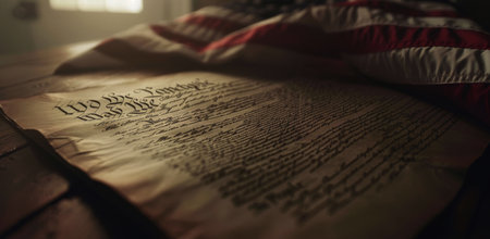 A close-up view features the US Constitution with the American flag draped over it, celebrating the ideals of liberty and unity.の素材