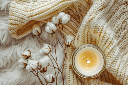 A flickering candle in a transparent glass vessel sits alongside delicate cotton flowers on a plush, knitted blanket, creating a serene atmosphere.の素材