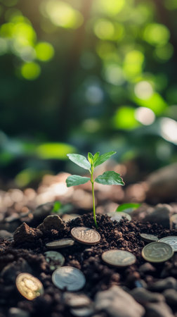 A vibrant green sprout grows from a scattered collection of coins, symbolizing hope and prosperity in a natural setting.の素材