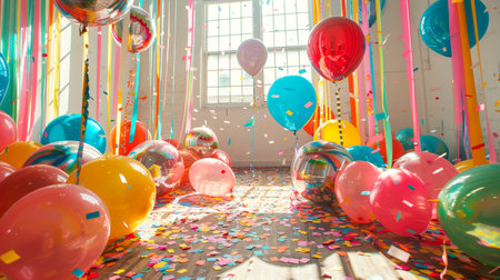 A lively room filled with colorful balloons and confetti creates a festive atmosphere, perfect for parties and celebrations with friends.の素材