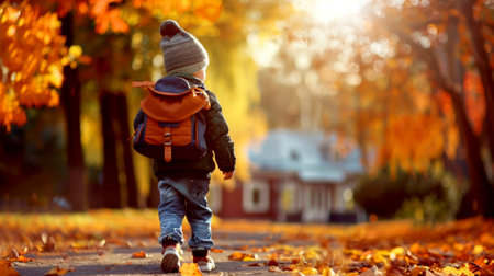 A child walks to school holding a parent's hand on an autumn morning, surrounded by colorful trees and soft light illuminating the path.の素材