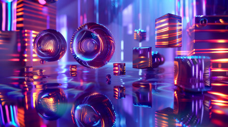 A captivating array of holographic 3D shapes hovers above a reflective surface, glowing softly in a vibrant, futuristic space.の素材