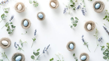 Elegant arrangement features robin eggs in nests with eucalyptus leaves and lavender on a white surface, showing springtime beauty.の素材