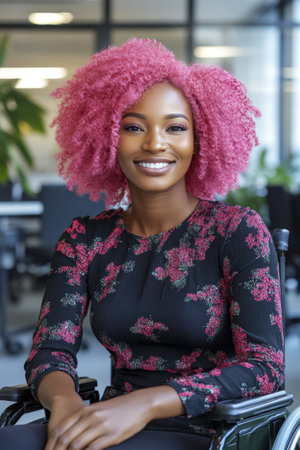 A cheerful black woman with pink afro hair, in a wheelchair, shares a moment of joy in a vibrant, inclusive office environment.の素材