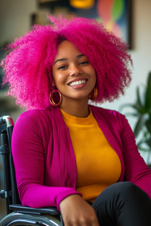 Happy black African American woman with pink afro hair poses confidently in a wheelchair, representing diversity in the workplace.の素材