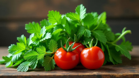 Juicy red tomatoes sit among lush green herbs on a dark wooden surface illuminated by soft, natural light.の素材