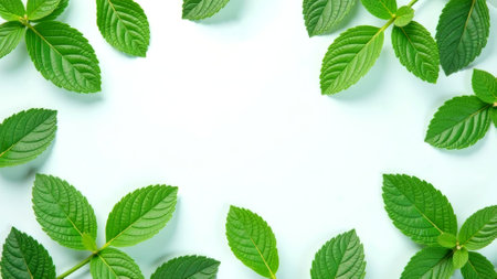 Bright green mint leaves are symmetrically placed around a pale background, creating a fresh and vibrant visual appeal.の素材