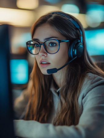 Young female technical support dispatcher focuses on her work, providing customer assistance while using a headset and computer in a call center.の素材