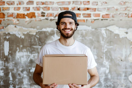 Young European man courier is happily holding a cardboard box in a shipping and logistics environment, with a cheerful expression.の素材