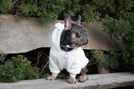 A French bulldog dressed in a fluffy white outfit rests on a wooden bench amidst lush green foliage, enjoying a calm moment outdoors.の写真素材