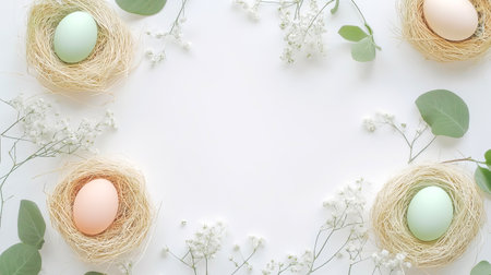 Pastel-colored eggs rest in straw and moss nests surrounded by leaves and baby's breath, enhancing a soft spring atmosphere perfect for Easter.の素材