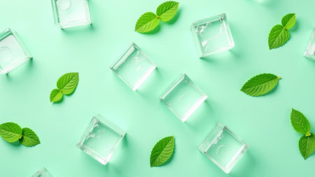 Ice cubes and mint leaves are arranged on a light green surface, showcasing a fresh and cool visual for summer vibes or drinks.の素材