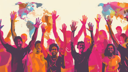 A vibrant gathering of people from diverse backgrounds stands together with hands raised, promoting unity and democratic engagement.の素材