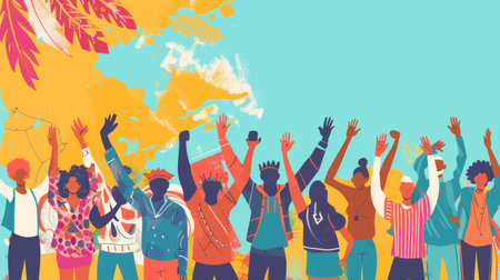 A diverse group of individuals stands together with raised hands, embodying unity and support for democratic participation on September 15.の素材