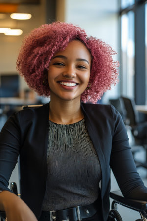 A joyful black African American woman with pink afro hair sits in her wheelchair, radiating positivity in a bright, inclusive office environment.の素材