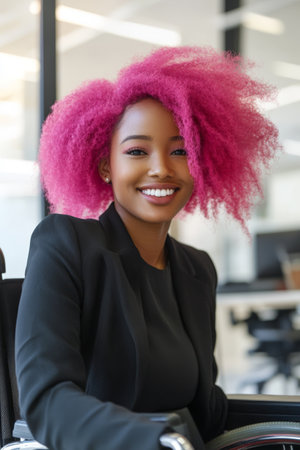 Happy black woman in wheelchair with pink afro hair smiles brightly in a diverse office setting, showing inclusion and positivity.の素材
