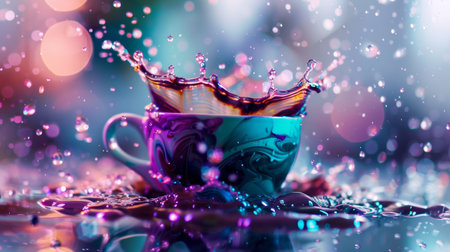 Bright purple coffee cup creates an eye-catching splash as water droplets dance around it in an artistic and lively cafe atmosphere during a sunny afternoon...の素材