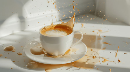 Cappuccino cup in white sits on a plate, with latte art visible and milk splashes creating an engaging display under bright sunlight.の素材