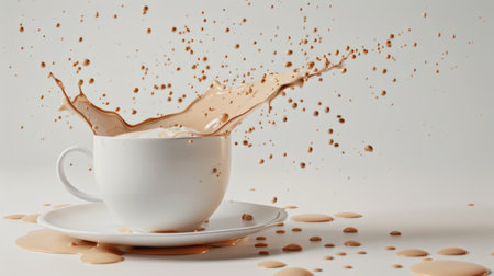 A white cappuccino cup sits on a saucer as rich coffee splashes beautifully around it, showing a dynamic and artistic presentation of the beverage.の素材