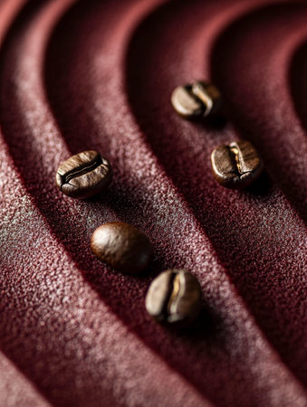 Luxurious mocha mousse is elegantly displayed, showing rich textures and a scattering of coffee beans on a smooth, dark backdrop.の素材