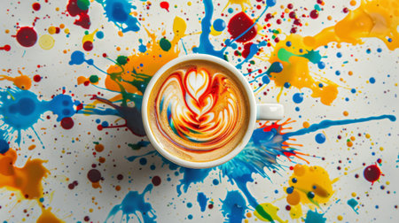 A top-down view of a beautifully crafted cappuccino featuring intricate latte art. The colorful drink rests on a table splattered with bright paint, showing creativity.の素材