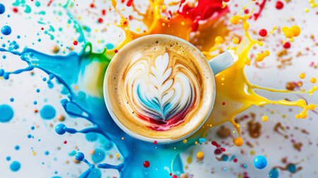 A colorful cappuccino sits at the center with beautiful latte art, surrounded by vivid splashes of paint in blue, red, and yellow, creating an eye-catching effect.の素材