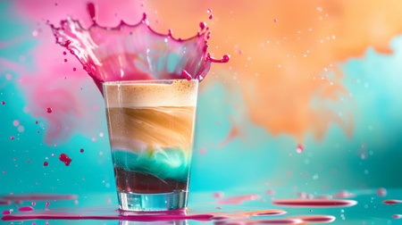 A vibrant coffee drink sits in a sleek glass cup, creating a colorful splash as droplets fall, set against a striking pastel backdrop in a lively cafの素材