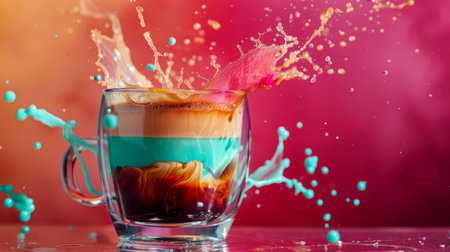 A stunning coffee drink in a glass cup bursts with vibrant colors as it splashes against a bright, colorful background. The mixture creates an artistic display.の素材