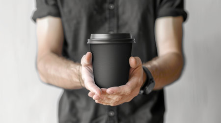A person holds a simple black coffee cup with both hands, showing the modern design and smooth texture for a stylish beverage presentation.の素材