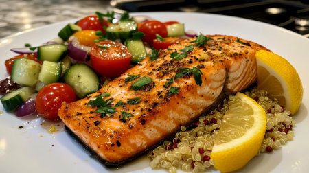 Succulent salmon fillet garnished with herbs served alongside a vibrant salad of diced vegetables and quinoa, with lemon wedges for zest.の素材