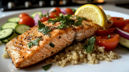 A beautifully plated dish featuring seared salmon topped with herbs, alongside a colorful mix of tomatoes, cucumbers, and quinoa.の素材