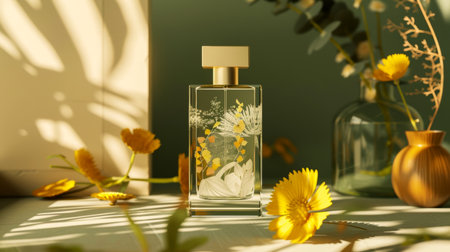 A beautifully designed perfume bottle sits gracefully among yellow flowers, with soft light casting delicate shadows, creating an inviting atmosphere.の素材