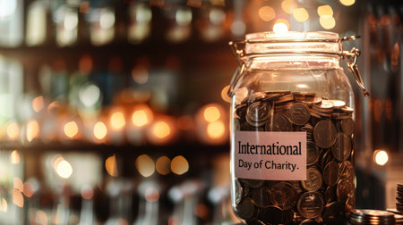 Close-up of a donation jar for International Day of Charity filled with coins and bills, capturing a warm atmosphere of giving and community support.の素材