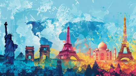 A captivating blend of global landmarks including the Eiffel Tower, Taj Mahal, and Statue of Liberty against a clear sky background.の素材